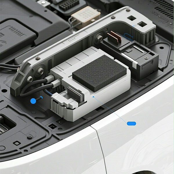 jimeng-2025-07-18-2578-技术示意图风格，展示新能源汽车EMI屏蔽系统的结构组成，重点标注导电海绵在连接器...