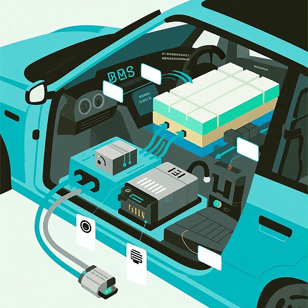 jimeng-2025-07-18-9491-信息图表风格，展示导电海绵在新能源汽车中的主要应用部位：电池模组、BMS、5G ...