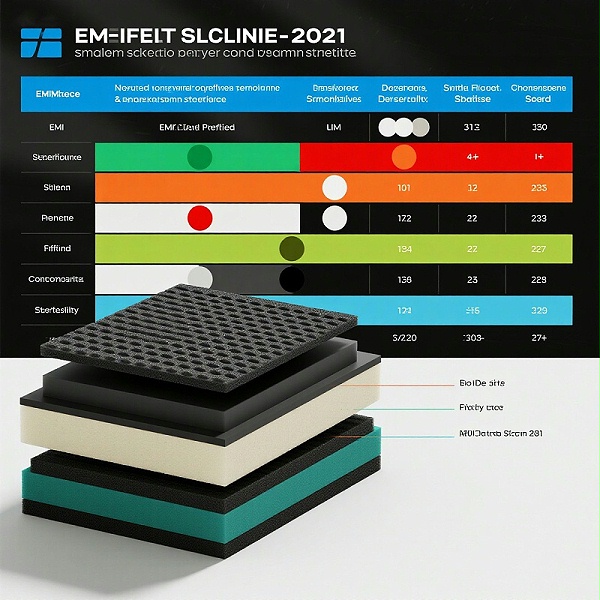 jimeng-2025-07-21-1338-表格式对比图，从EMI屏蔽性能、耐温性、压缩回弹性等维度对比导电硅胶泡棉与导电海...