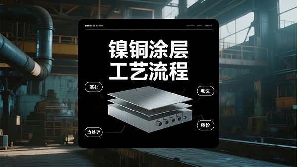 jimeng-2025-08-04-1971-技术剖面图，展示镍铜涂层工艺流程：基材→电镀→热处理→质检。