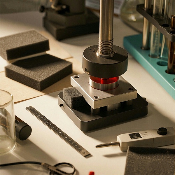 jimeng-2025-07-10-2523-一张展示导电泡棉压缩回弹性的图片。显示泡沫在压力下被压缩前后的状态，并在释放压力...