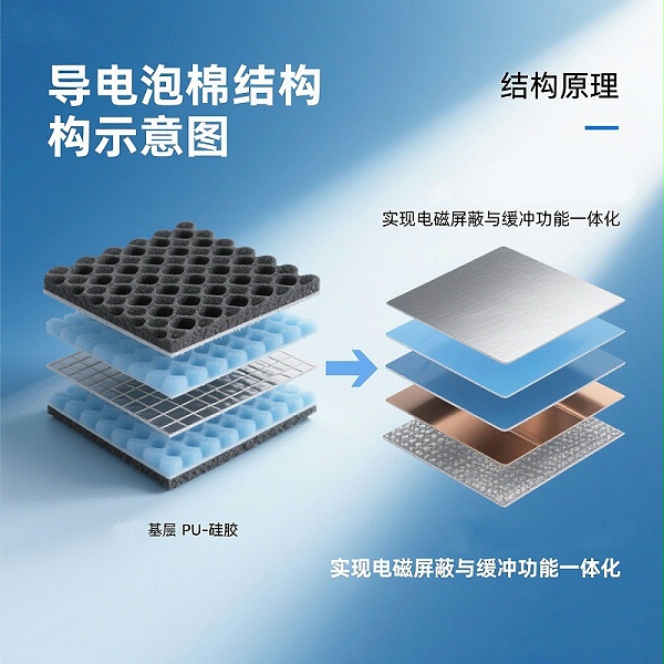 导电泡棉结构示意图 建议用途：解释“结构原理”部分插图 图片内容：分层结构图，...
