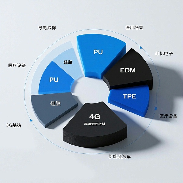 图标代表导电泡沫在消费电子、医疗设备、航空航天和电信领域的应用。 图标代表导电泡沫在消费电子、医疗设备、航空航天和电信领域的应用。