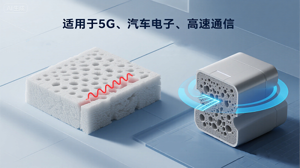 “EMC导电泡棉在GHz频段的界面阻抗控制示意图：展示梯度涂层、闭孔结构与高频电流分布，提升5G与汽车电子电磁兼容性。”