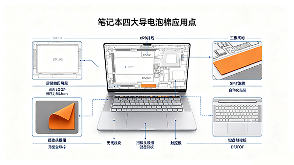 导电泡棉笔记本应用原理图，AIR‑LOOP、SMT 泡棉、全导棉安装位置