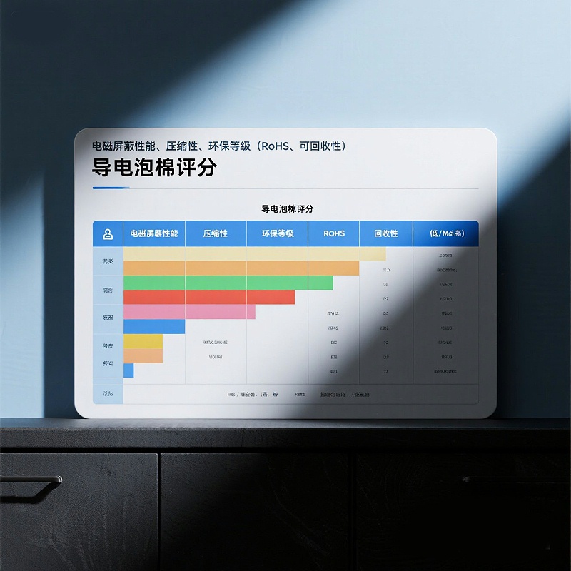 jimeng-2025-07-17-7602-表格式对比图，从电磁屏蔽性能、压缩性、环保等级（RoHS、可回收性）等维度对各类...