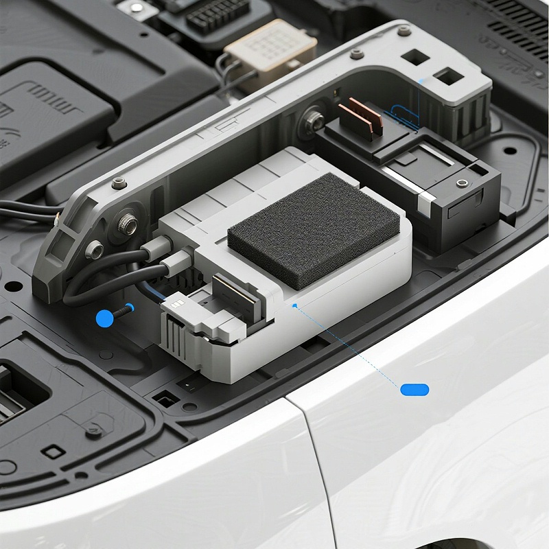 jimeng-2025-07-18-2578-技术示意图风格，展示新能源汽车EMI屏蔽系统的结构组成，重点标注导电海绵在连接器...