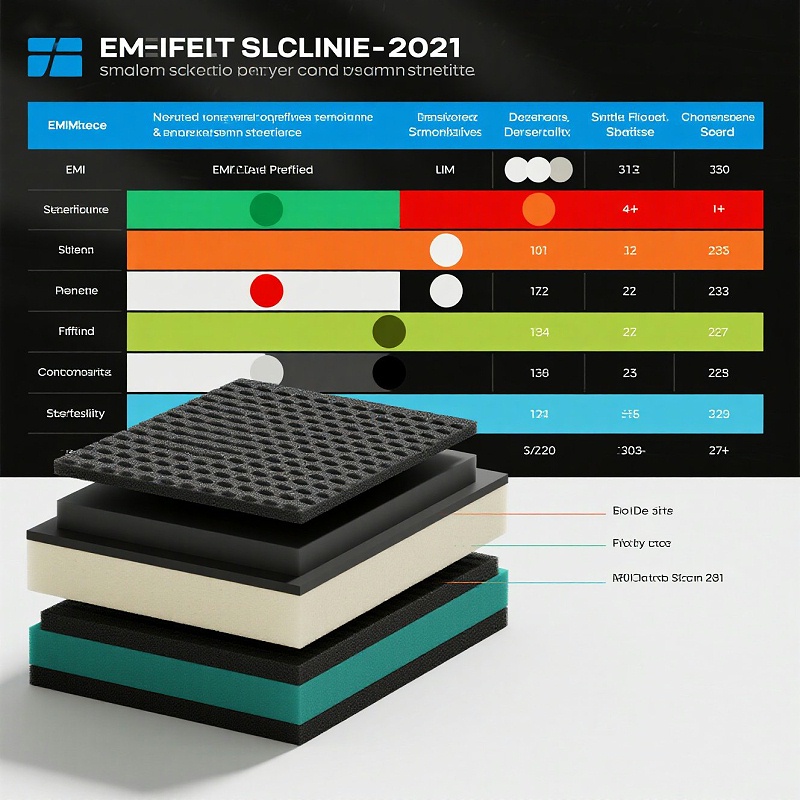 jimeng-2025-07-21-1338-表格式对比图，从EMI屏蔽性能、耐温性、压缩回弹性等维度对比导电硅胶泡棉与导电海...