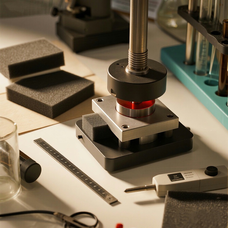 jimeng-2025-07-10-2523-一张展示导电泡棉压缩回弹性的图片。显示泡沫在压力下被压缩前后的状态，并在释放压力...