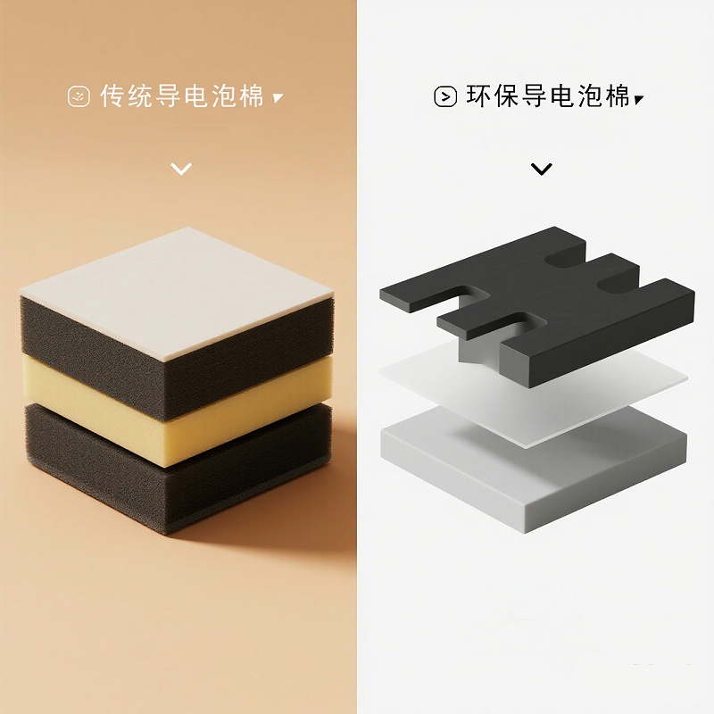 环保型导电泡棉材料对比图，绿色导电泡棉结构示意图，可回收导电泡棉材料分析图