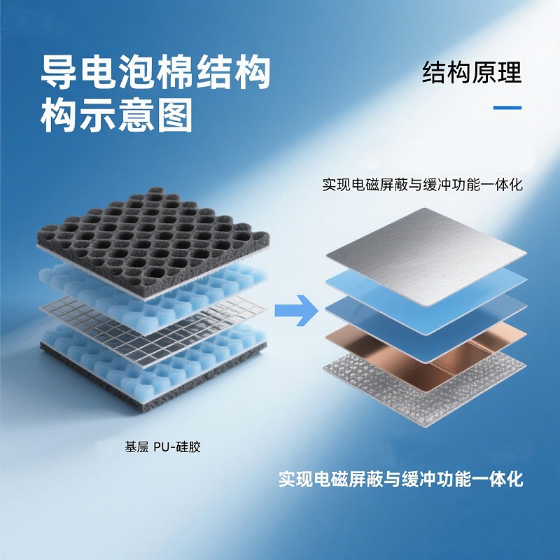 导电泡棉结构示意图 建议用途：解释“结构原理”部分插图 图片内容：分层结构图，...
