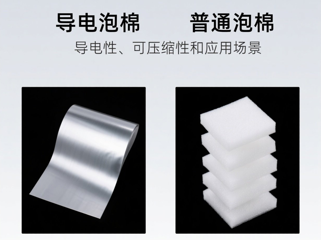 导电泡棉与普通泡棉对比图，展示了导电泡棉的金属表面及其在电磁屏蔽中的优势