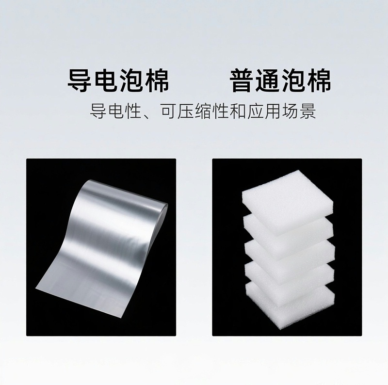导电泡棉与普通泡棉对比图，展示了导电泡棉的金属表面及其在电磁屏蔽中的优势