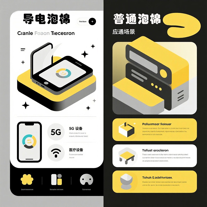 导电泡棉与普通泡棉应用场景对比图，展示了各自典型的应用领域