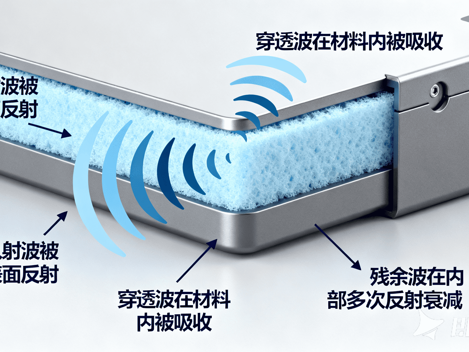 一张专业的电磁波屏蔽技术图解，展示电磁波入射导电屏蔽层的完整过程