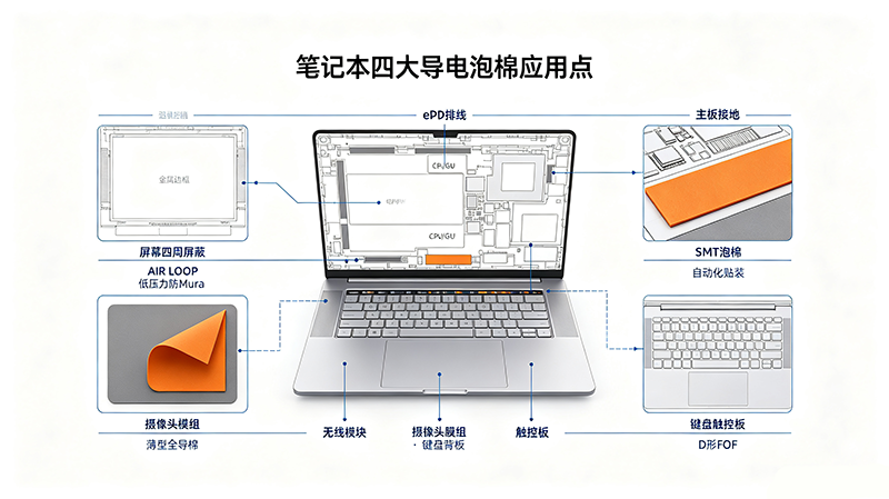 导电泡棉笔记本应用原理图，AIR‑LOOP、SMT 泡棉、全导棉安装位置
